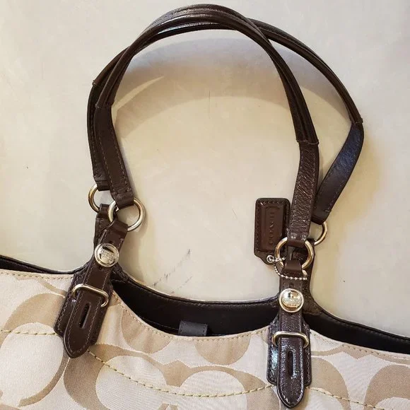 Coach Carly Khaki Signture C's Handbag Tote Bag Purse Lg - Picture 9 of 11